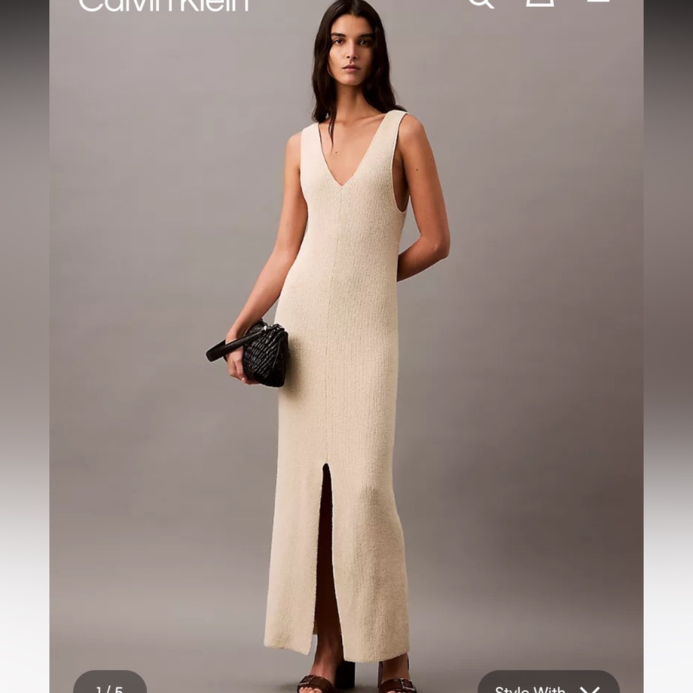 Calvin Klein Cream Boucle Ribbed Sleeveless Midi Dress small NWT